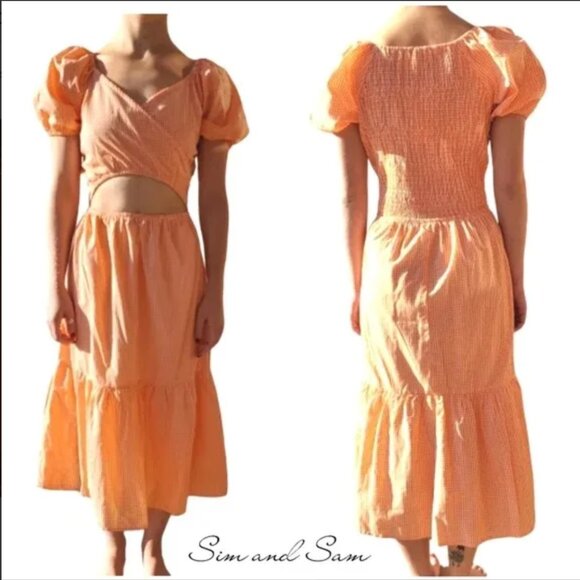 Sim and Sam Cutout Orange Gingham Dress Women's Large Stretch Midi - Picture 1 of 15